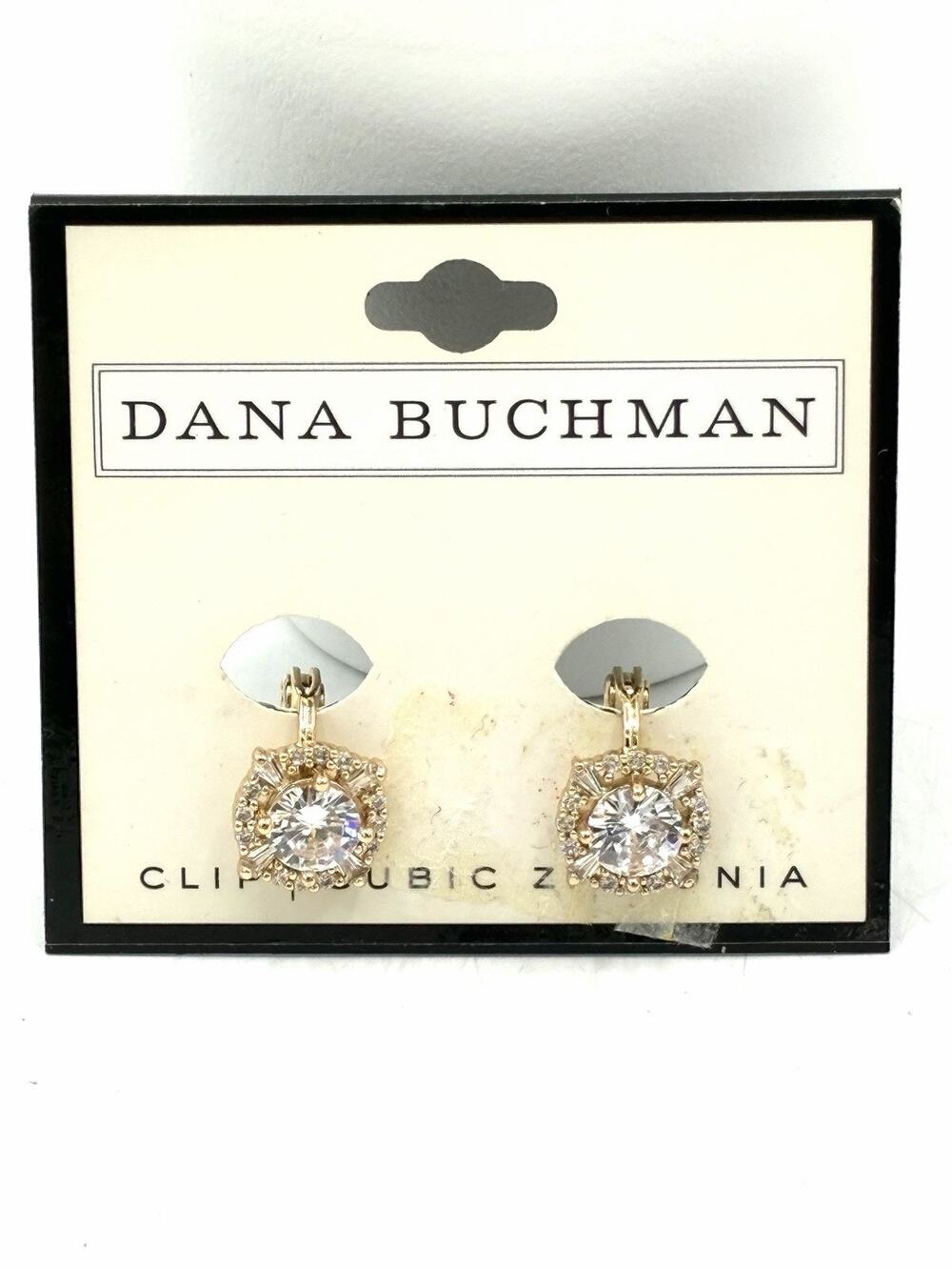 Dana Buchman Clip On Earrings Cubic Zirconia Gold Tone NOS Original Card